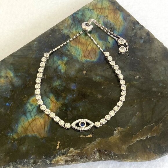 Sterling Silver 925 Blue Topaz & CZ Evil Eye Adjustable Bolo Tennis Bracelet - Picture 3 of 16